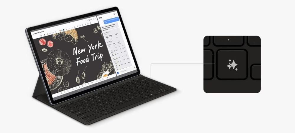Cu butonul Galaxy AI a husei Samsung BookCover Slim + Tastatura Nedetasabila Galaxy Tab S10+ / S9+ / S9 FE+, îți poți accesa rapid asistenții inteligenți Bixby sau Gemini.