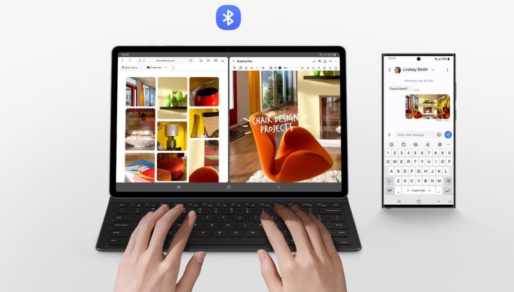 Funcția de Wireless Keyboard Sharing a husei Samsung BookCover Slim + Tastatura Nedetasabila Galaxy Tab S10+ / S9+ / S9 FE+, îți permite să te conectezi rapid și fără fir la alte dispozitive Galaxy, controlându-le de la distanță.