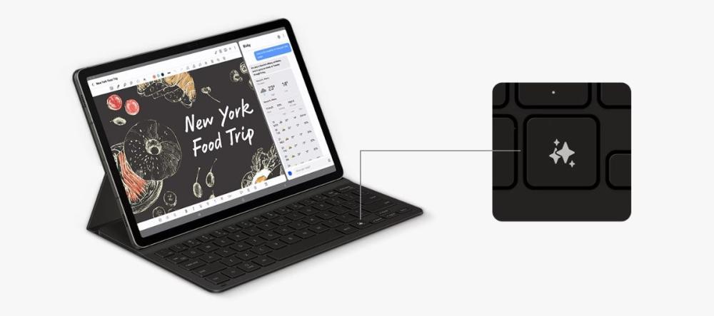 Cu tasta Galaxy AI a husei Samsung BookCover Slim + Tastatura Nedetasabila Galaxy Tab S9 / S9 FE, ai la dispoziție acces instantaneu la asistentul tău AI.
