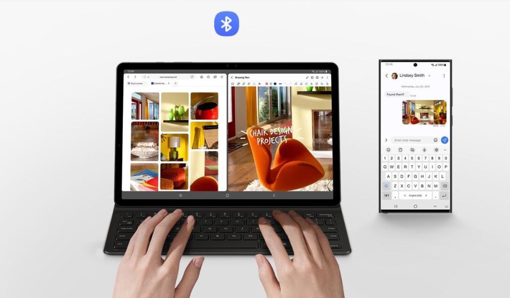 Cu Wireless Keyboard Sharing a husei Samsung BookCover Slim + Tastatura Nedetasabila Galaxy Tab S9 / S9 FE, îți poți conecta cu ușurință tastatura la celelalte dispozitive Galaxy.