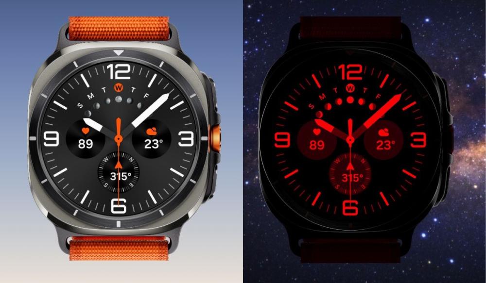 Afișajul ceasului Samsung Galaxy Watch Ultra 47mm, trece automat în modul noapte pentru a te ajuta să îți continui aventura.