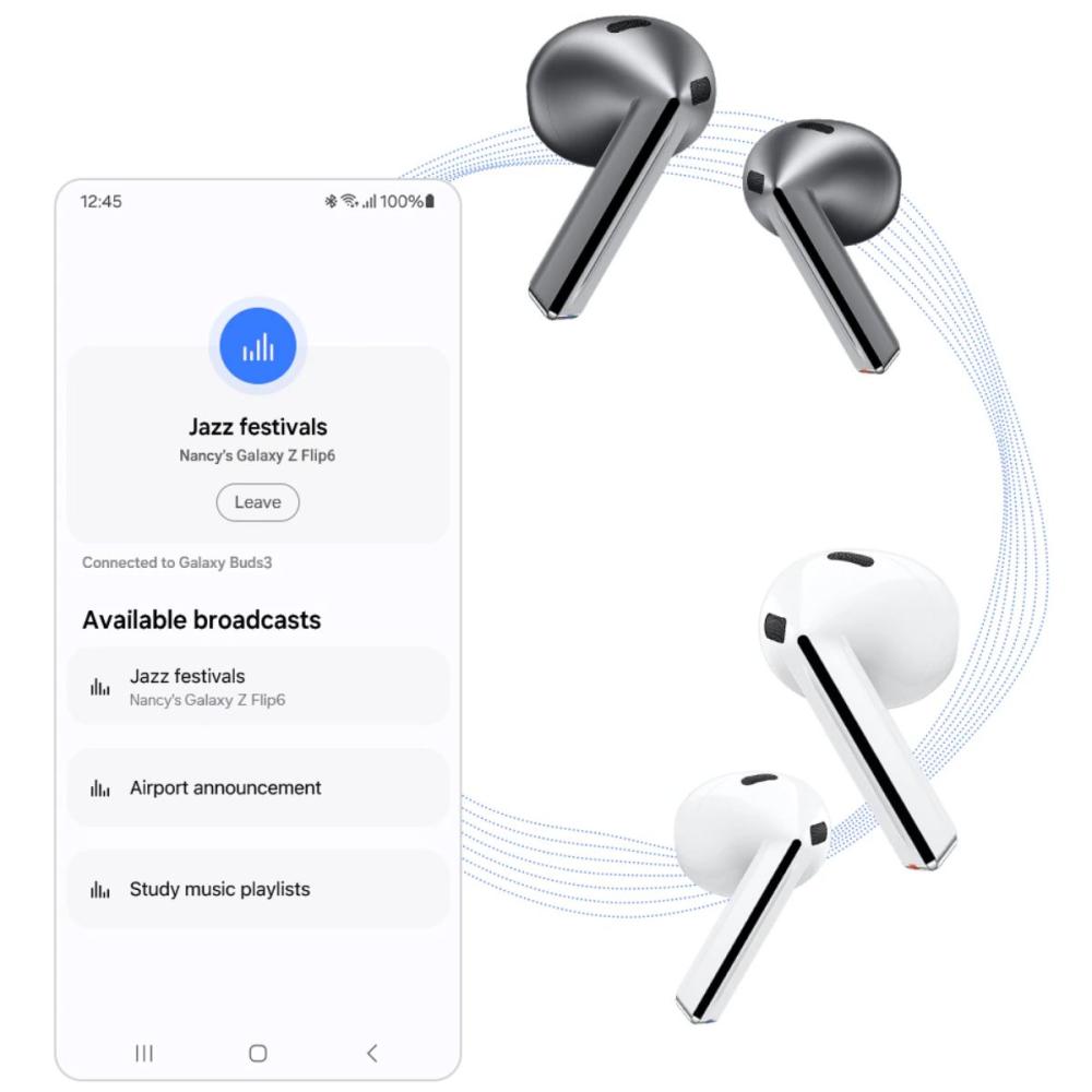 Căștile Samsung Galaxy Buds3, te ajută să partajezi cu un numar nelimitat de dispozitive conținutul tău, cu ajutorul funcției Auracast.