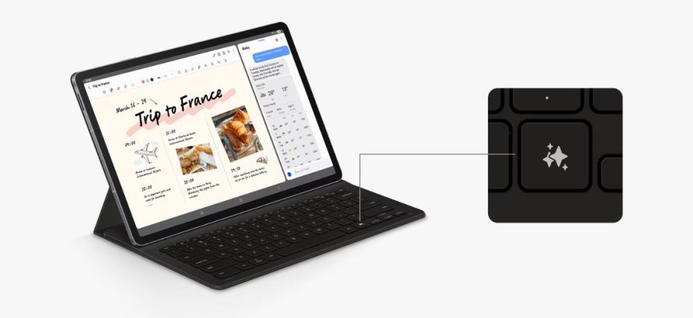 Tastatura Samsung BookCover Slim + Tastatura Nedetașabilă Galaxy Tab S10 FE+, dispune de tasta Galaxy AI pentru accesarea rapidă a inteligenței artificiale.
