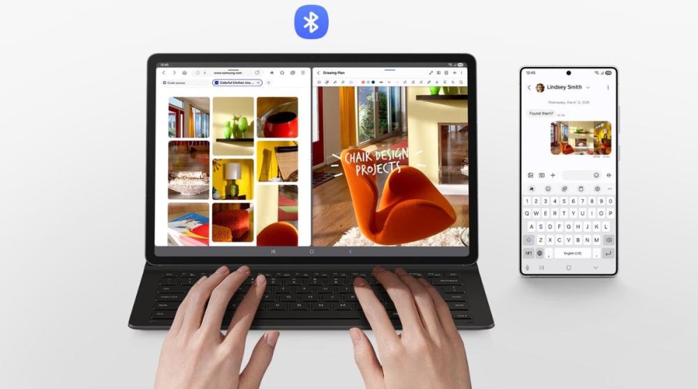 Funcția Wireless Keyboard Sharing de pe Husa Samsung BookCover Slim, îți permite conectarea rapidă a tastaturii și comutarea facilă între tabletă și smartphone.