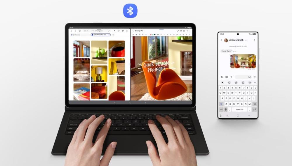 Funcția Wireless Keyboard Sharing îți permite să conectezi rapid tastatura BookCover Galaxy Tab S10 FE+ și să comuți între tableta și smartphone-ul tău.
