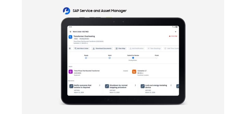 SAP Service and Asset Manager oferă funcții optimizate pentru Galaxy Tab Active5 Pro, acoperind principalele procese operaționale.