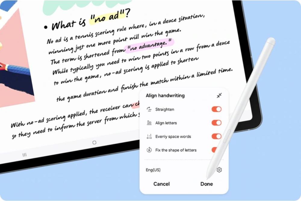 Funcția Handwriting Guide din S Pen a tebletei Samsung Galaxy Tab S10 FE îți corectează automat scrisul de mână pentru note perfecte.