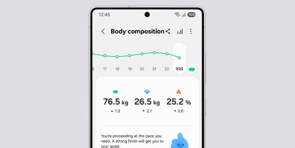 Ceasul Samsung Galaxy Watch8 40mm măsoară masa musculară, procentul de grăsime, apa corporală și greutatea.