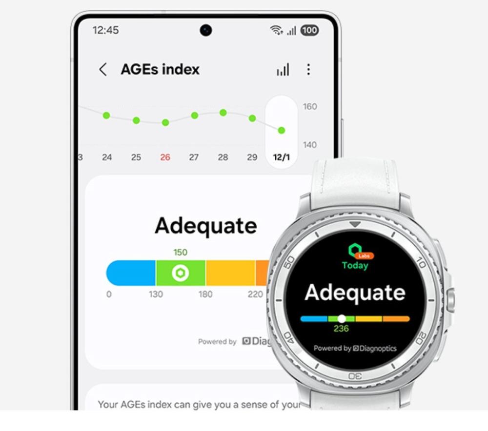  Ceasul Samsung Galaxy Watch8 Classic monitorizează sănătatea metabolică prin indicele AGE (Advanced Glycation Endproducts).