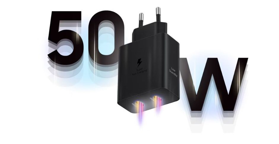 incarcatorul super rapid samsung 50w are doua porturi de incarcare USB-C
